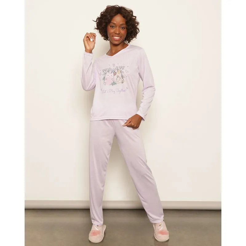 Pijama Feminino Longo Estampa Frontal Raposa Lilás M