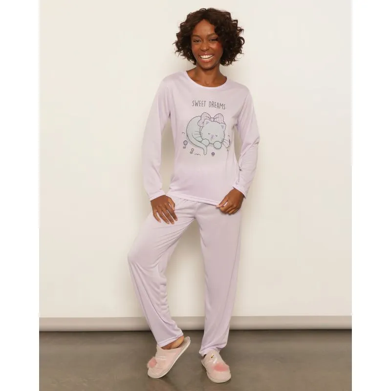 Pijama Feminino Longo Estampa Gatinha Lilás P