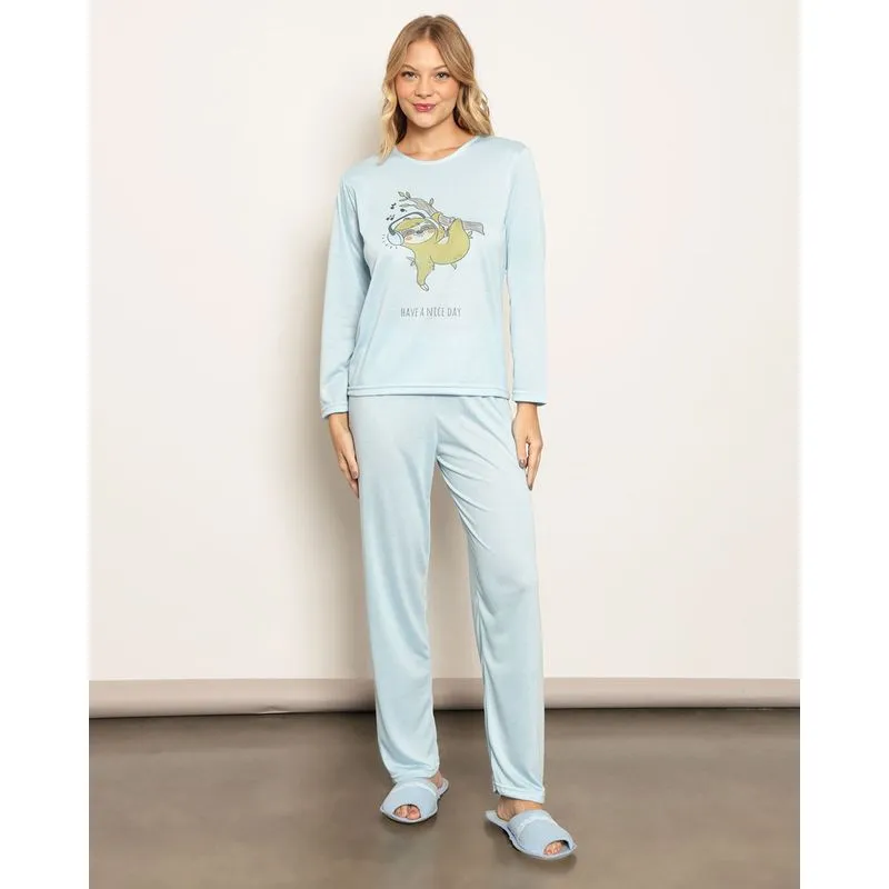 Pijama Feminino Longo Estampa Bichinho Azul G