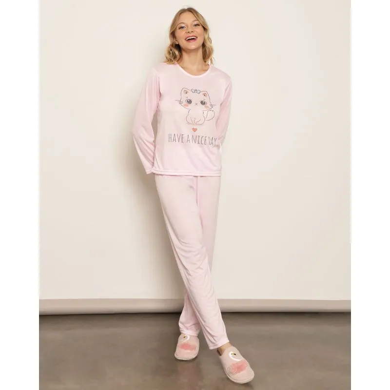 Pijama Feminino Longo Estampa Bichinho Rosa P
