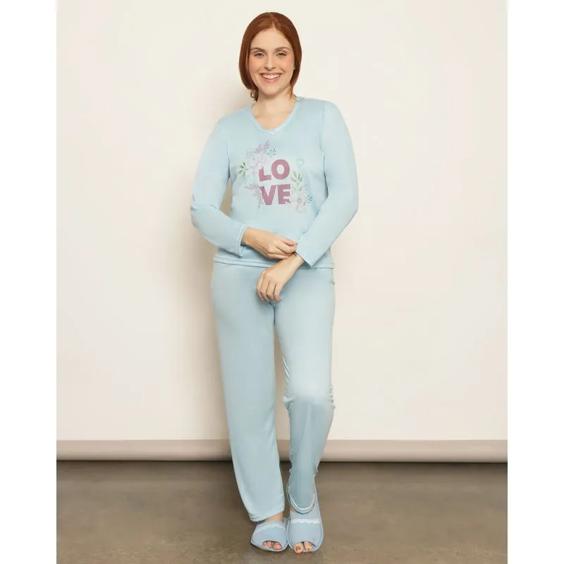 Pijama Feminino Longo Estampa Frontal Azul M