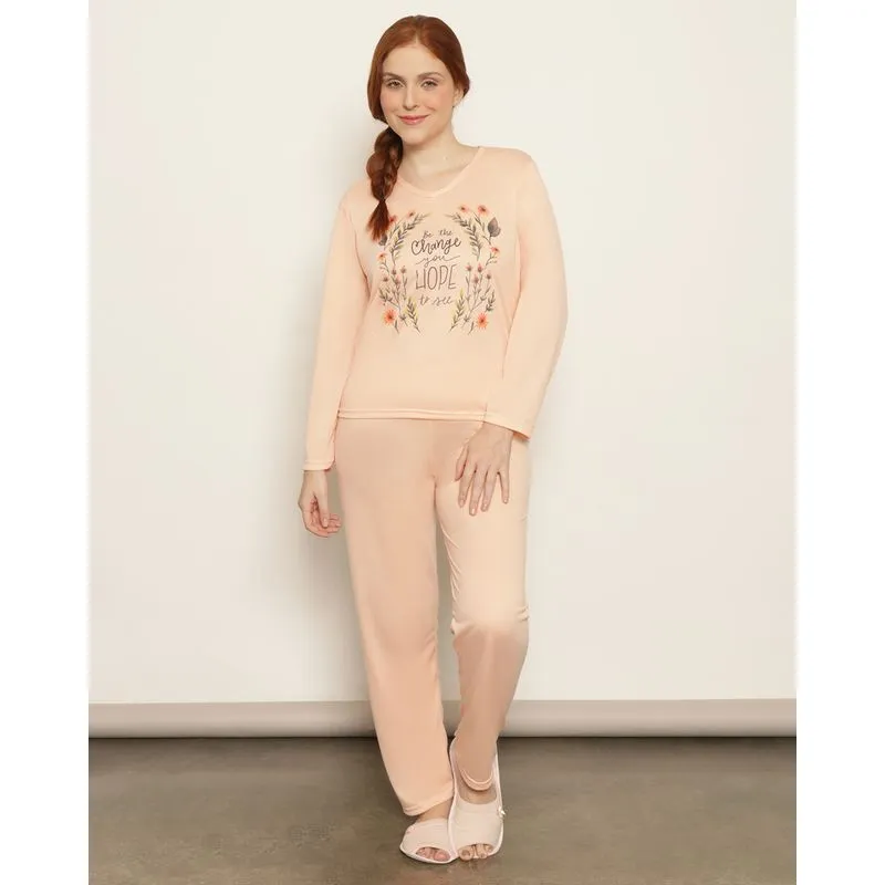 Pijama Feminino Longo Estampa Frontal Laranja G