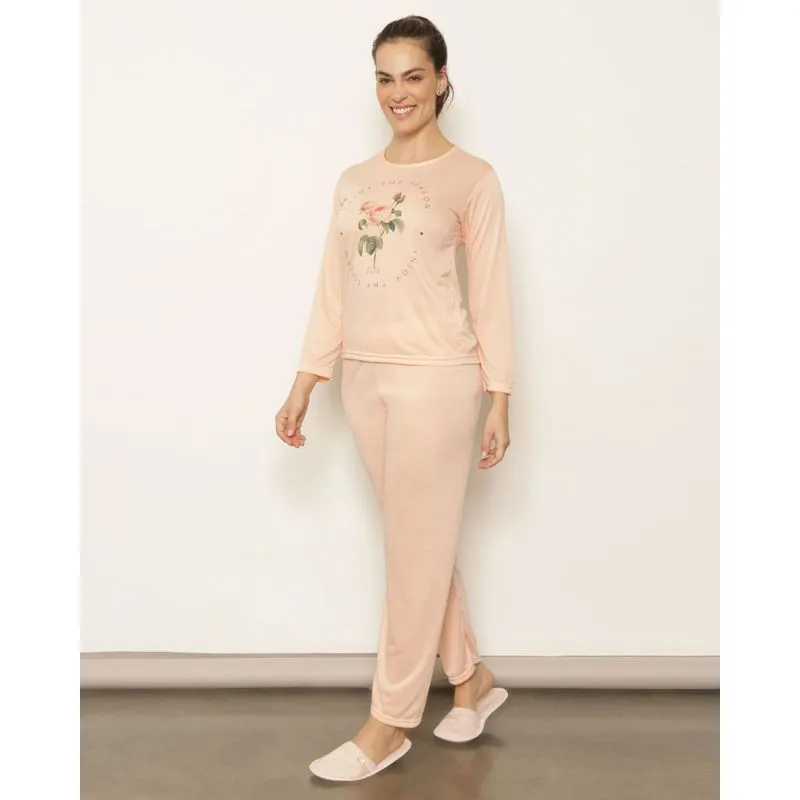 Pijama Feminino Longo Estampa Rosas Laranja G