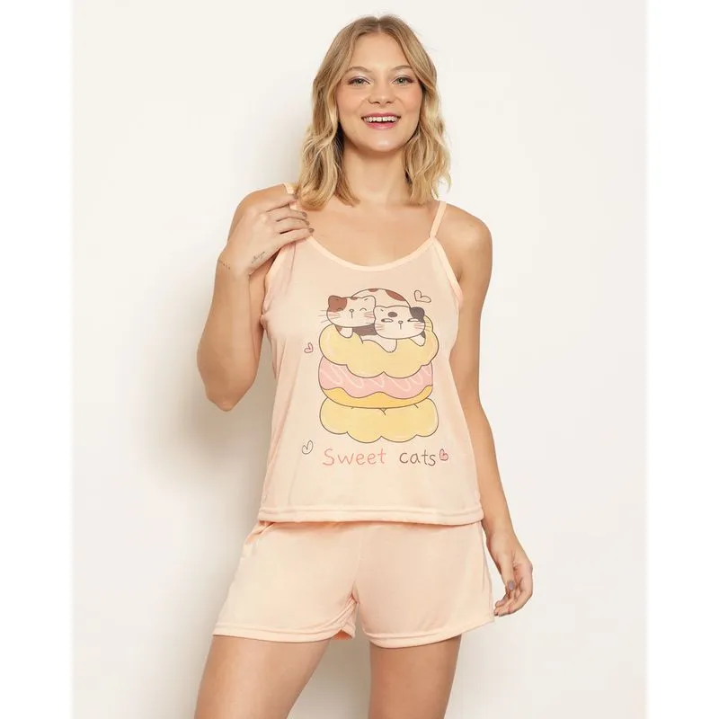 Pijama Feminino Curto Alcinha Estampa Gatinhos Laranja G
