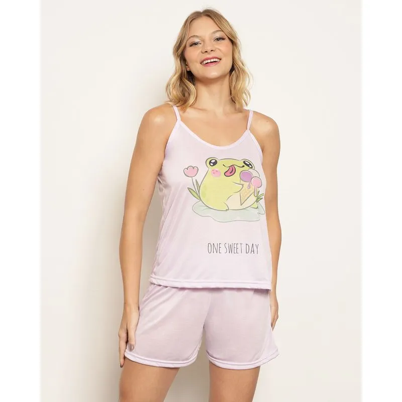 Pijama Feminino Curto Alcinha Estampa Gatinhos Lilás G