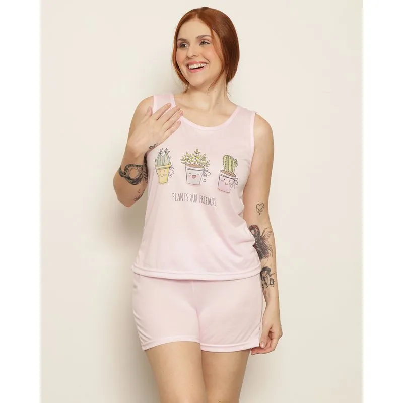 Pijama Feminino Curto Estampa Plantinhas Rosa P