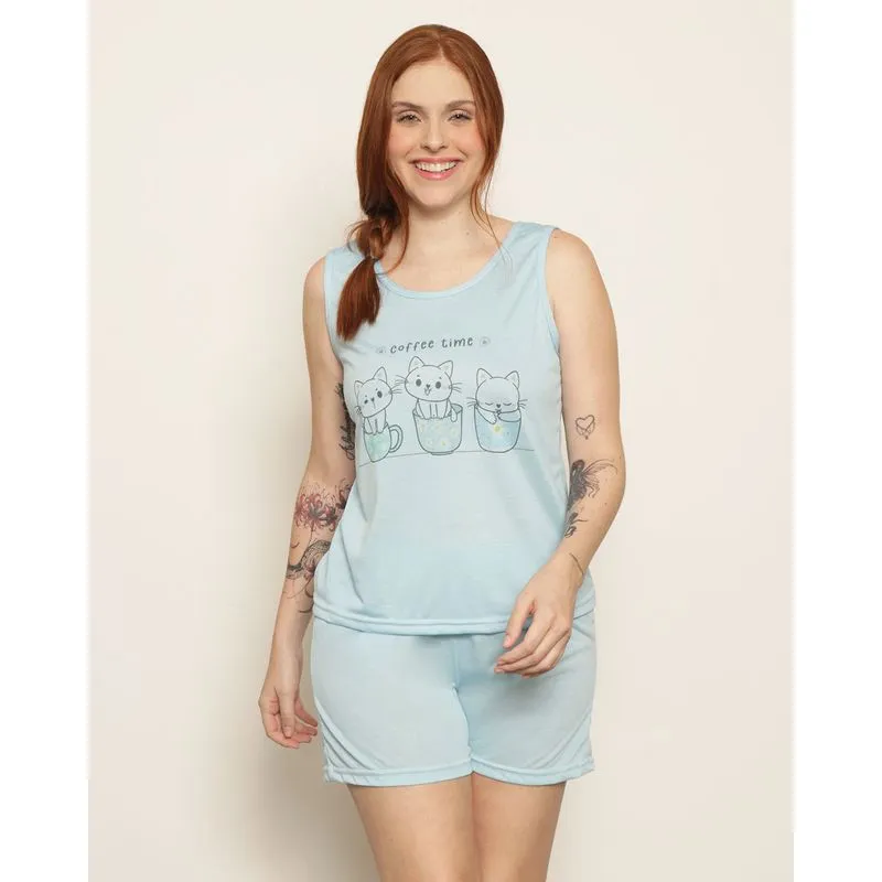 Pijama Feminino Curto Estampa Plantinhas Azul G