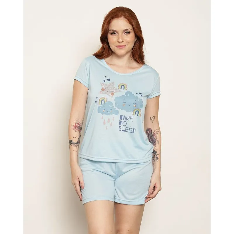 Pijama Feminino Curto Estampa Frontal Azul P