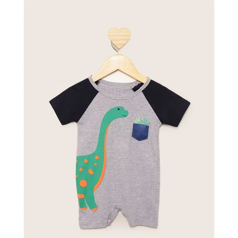 Macacão Bebê Curto Estampa Dinossauro Interativo Manga Raglan Cinza P