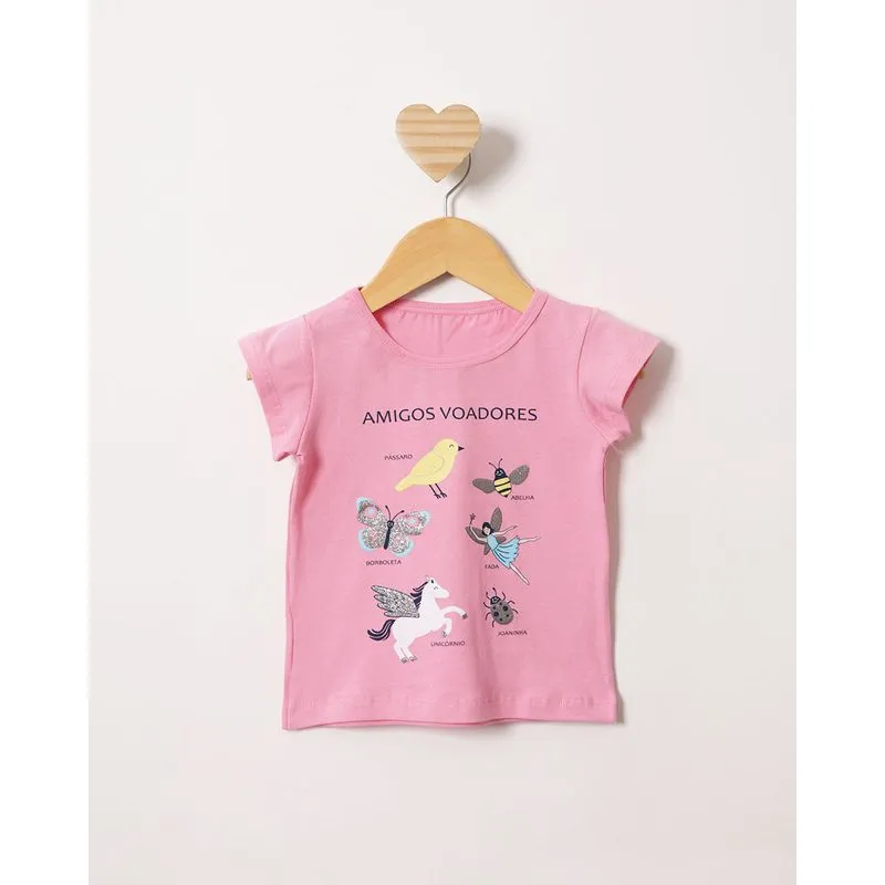 Blusa Bebê Estampa Amigos Voadores Manga Curta Rosa 3
