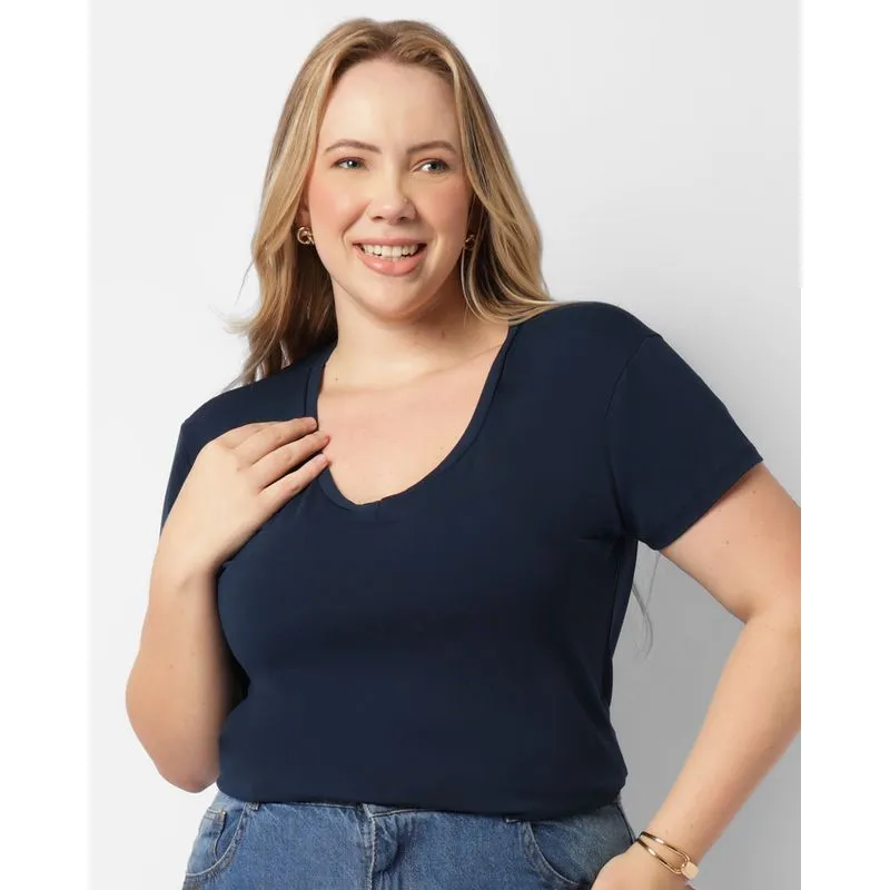 Blusa Plus Size Feminina Manga Curta Decote V Marinho G1