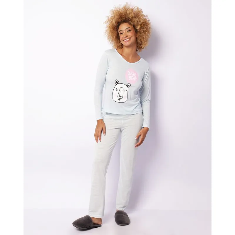 Pijama Feminino Longo Estampa Urso Azul M