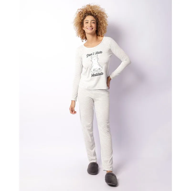 Pijama Feminino Longo Estampa Listrada Gatinho Cinza M