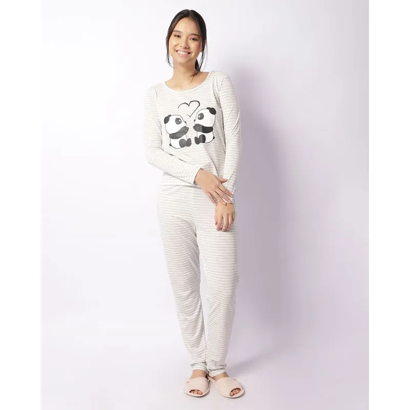 Pijama Feminino Longo Listrado Estampa Panda Cinza G