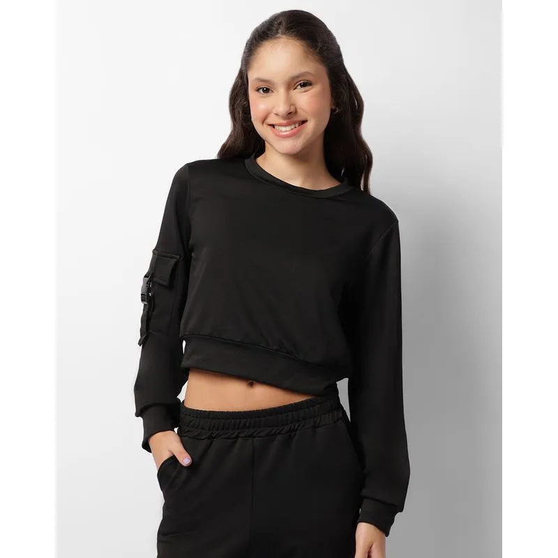 Blusa Juvenil Cropped Manga Longa Helanca Com Bolso Preta 14