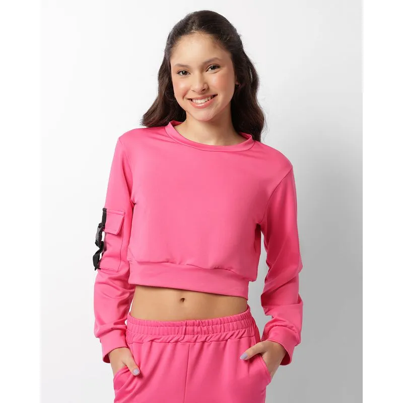 Blusa Juvenil Cropped Manga Longa Helanca Com Bolso Rosa 12