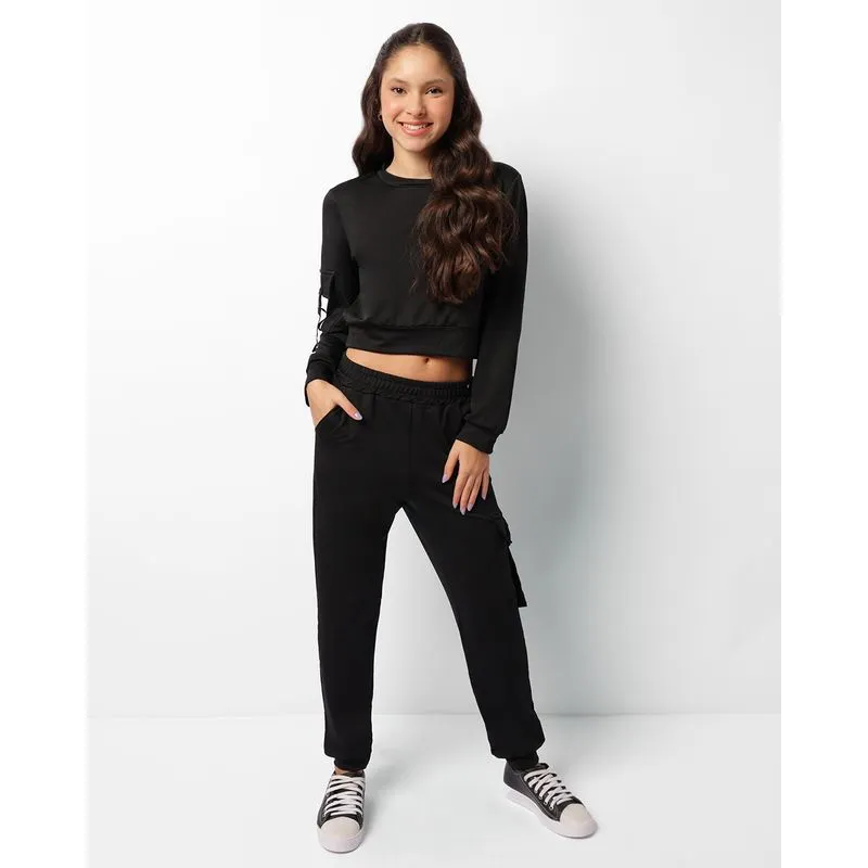 Calça Juvenil Jogger Helanca Bolso Cargo Preta 16