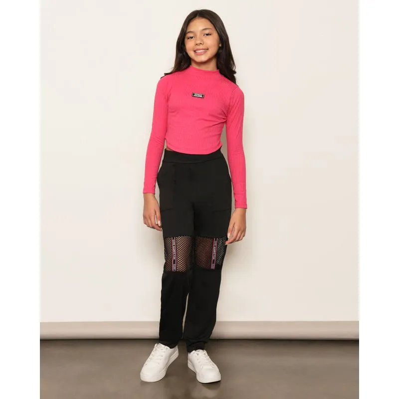 Calça Juvenil Helanca Jogger Recorte Tela Preta 16