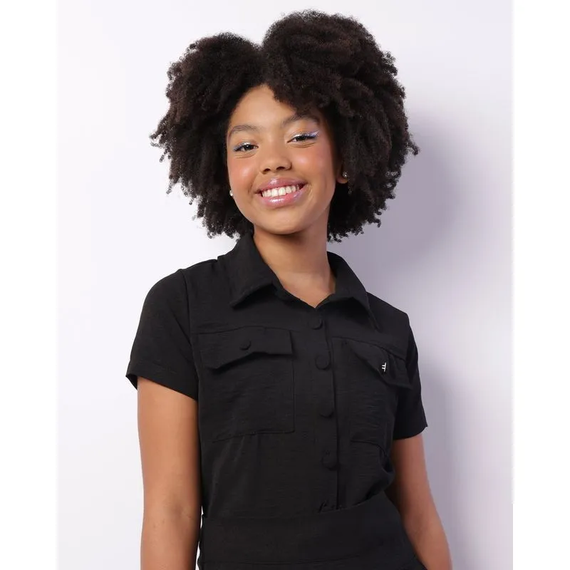 Camisa Juvenil Cropped Bolso Manga Curta Preta 16