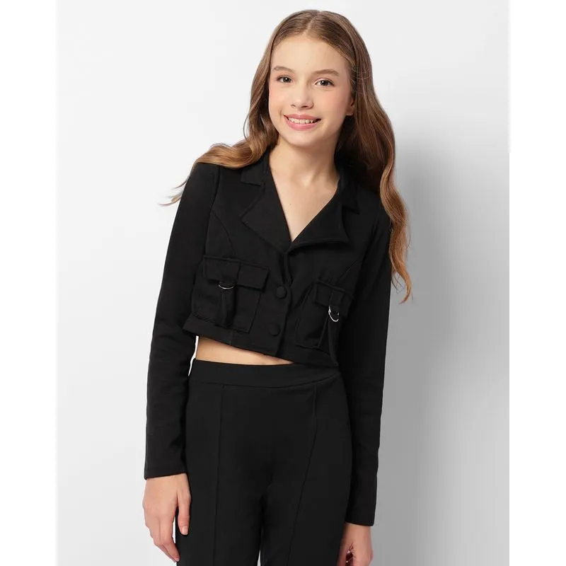 Blusa Juvenil Cropped Com Bolsos Manga Longa Preto 16