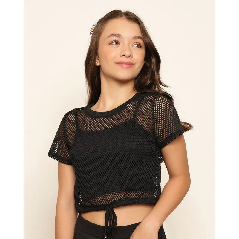 Regata Cropped Juvenil Sobreposição Telada Cordão Decorativo Preta 14