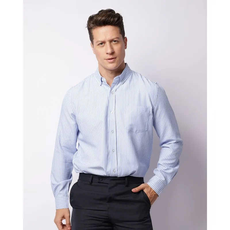Camisa Masculina Manga Longa Com Bolso Listrada Azul GG