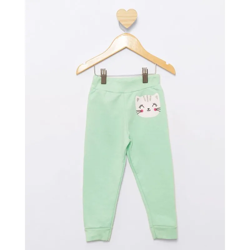 Calça Moletom Bebê Peluciada Jogger Estampa Gatinho Verde 3