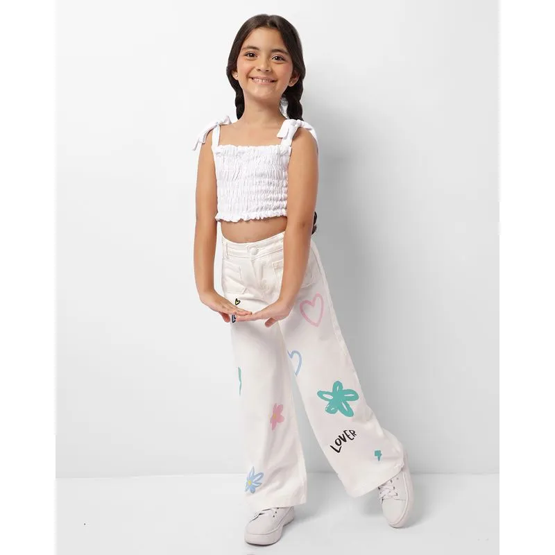Calça Infantil Sarja Wide Leg Estampa Frontal Off White 4