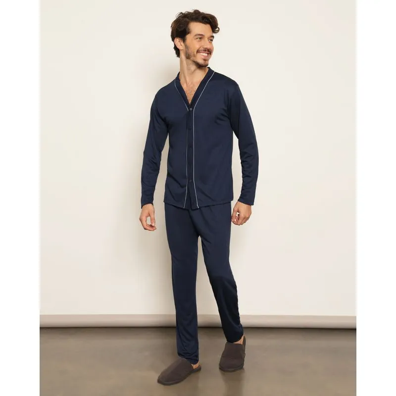 Pijama Masculino Bordado Frontal Manga Longa Marinho G