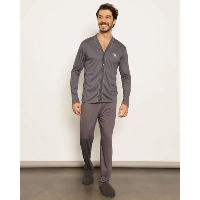Pijama Masculino Bordado Frontal Manga Longa Cinza GG