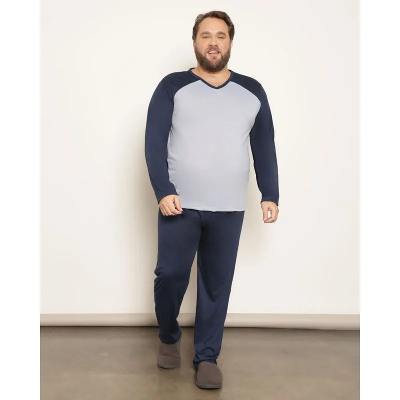 Pijama Plus Size Masculino Com Recortes Manga Longa Azul G2