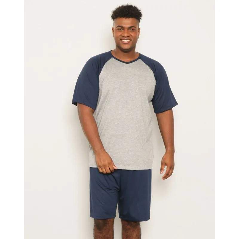Pijama Plus Size Masculino Curto Gola Em V Cinza G2