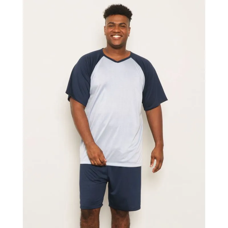 Pijama Plus Size Masculino Curto Gola V Azul G2