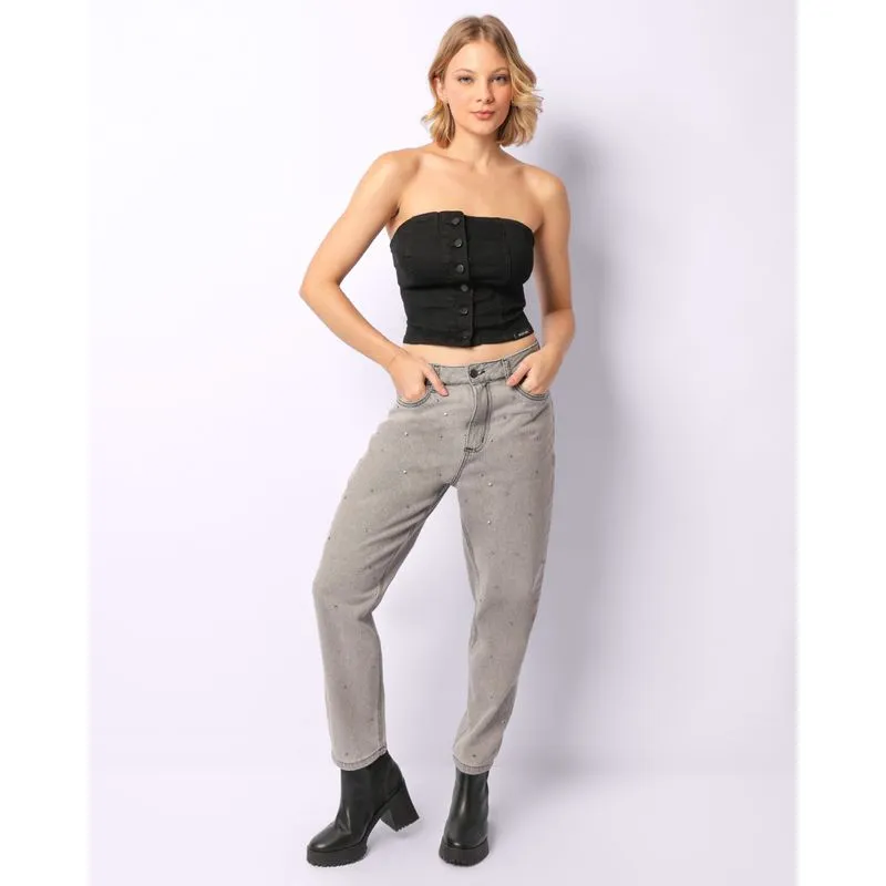 Calça Jeans Feminina Mom Aplicação de Brilhos Cinza 42