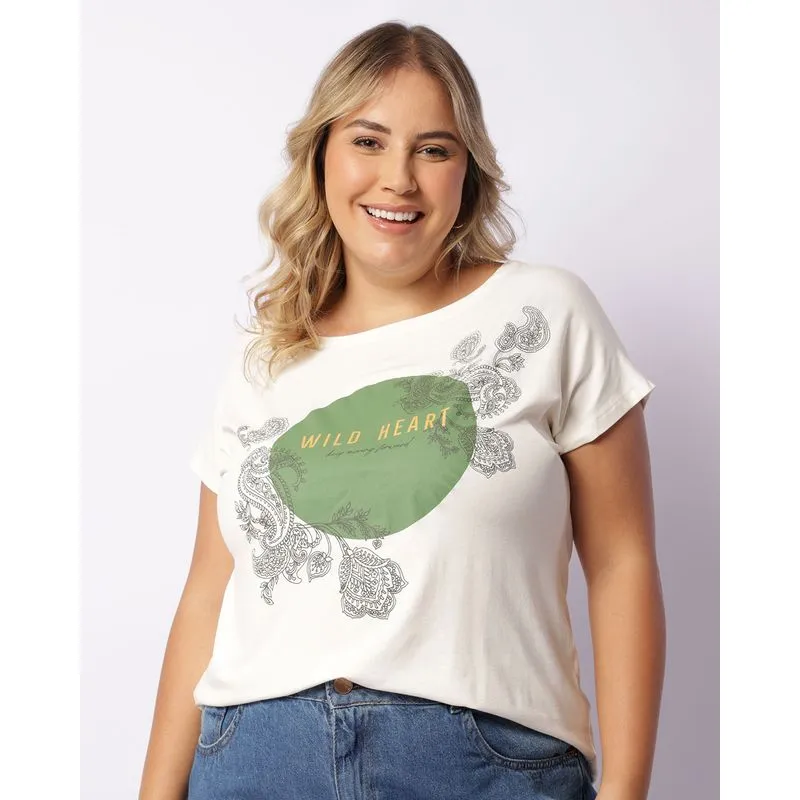 Blusa Plus size Feminina Estampa Folhagem Manga Curta Off White G1