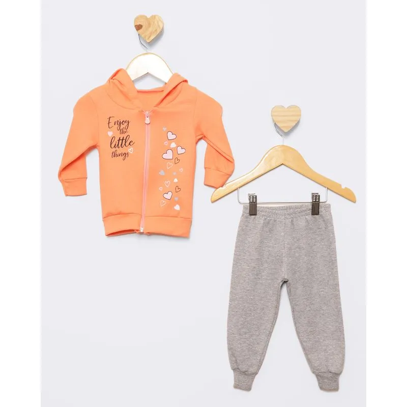 Conjunto Moletom Bebê Peluciado Estampa Coração Com Capuz Laranja M
