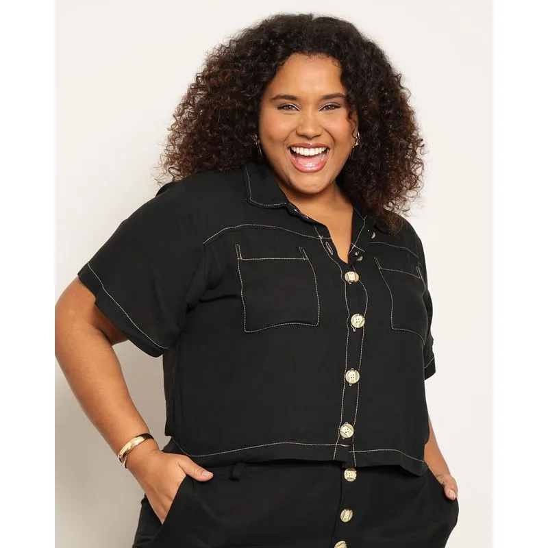 Camisa Plus Size Feminina Viscose Botões Com Bolsos Preta G1