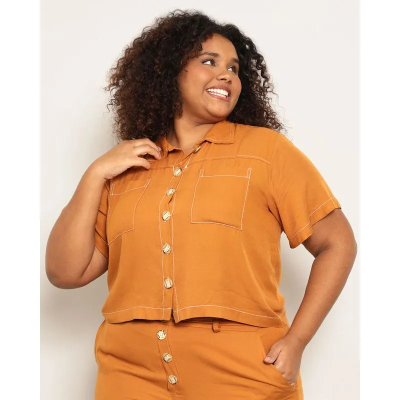 Camisa Plus Size Feminina Viscose Botões Com Bolsos Marrom G3