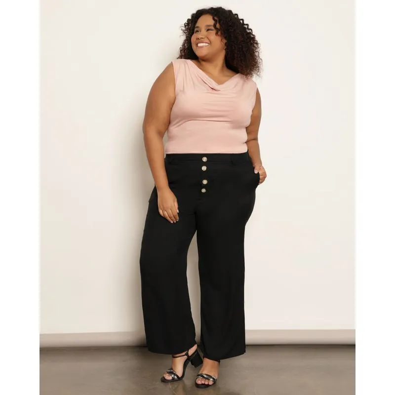 Calça Plus Size Feminina Reta Viscose Com Botões Preta G2