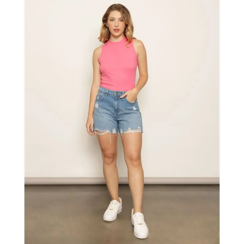 Short Jeans Feminino Curto Destroyed Barra Desfiada Azul 38