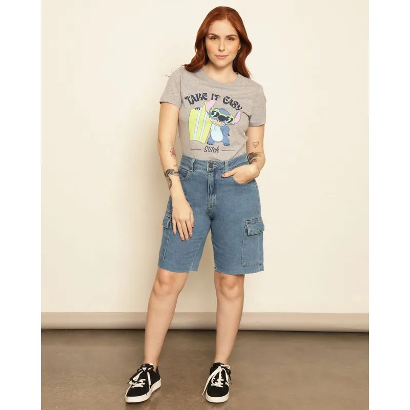 Bermuda Jeans Feminina Reta Bolso Cargo Azul 38