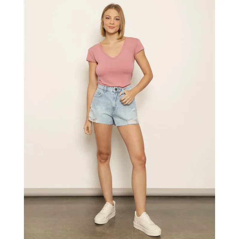 Short Jeans Feminino Destroyed Com Barra Desfiada Azul 46