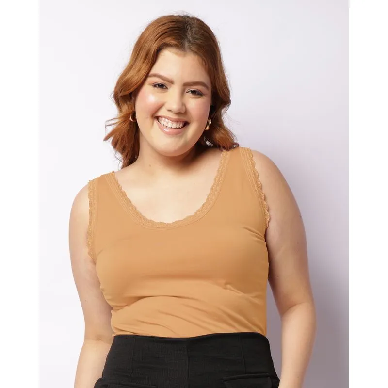 Regata Plus Size Feminina Sem Costura Com Renda Bege G1