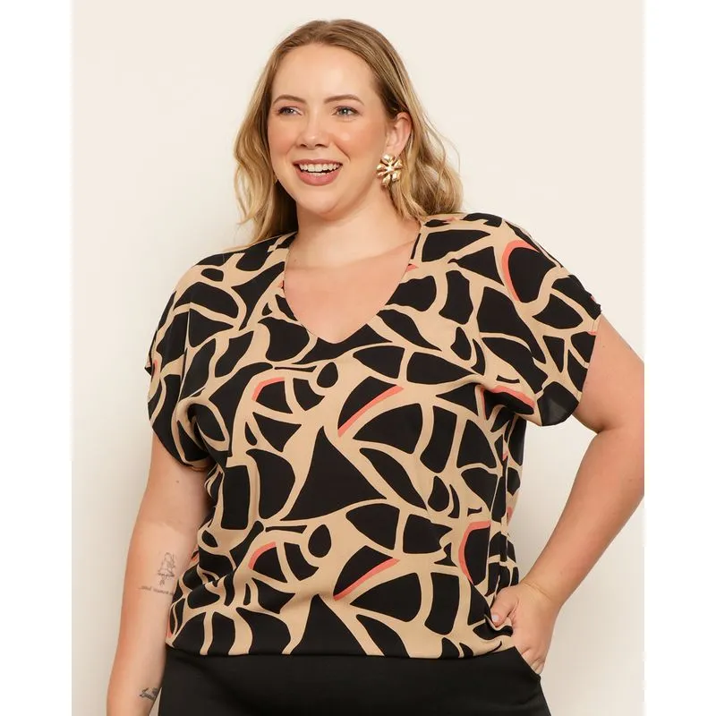 Blusa Plus Size Feminina Viscose Estampa Folhagem Manga Morcego Bege G3