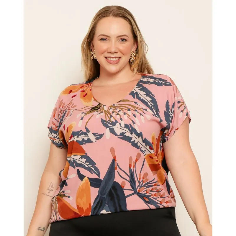 Blusa Plus Size Feminina Berry & Co. Manga Japonesa Rosa G3