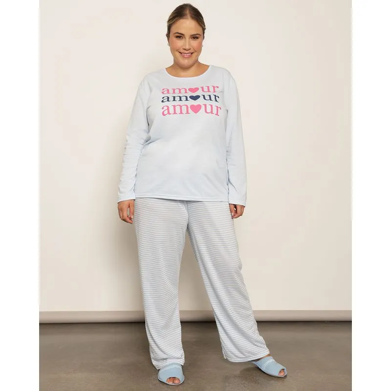 Pijama Plus Size Feminino Longo Estampado Azul 48