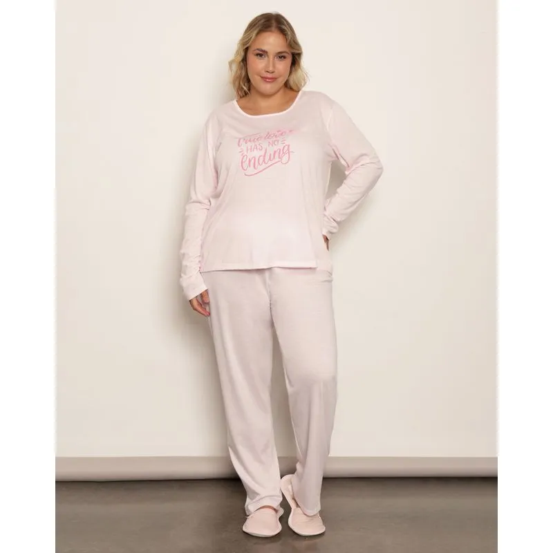 Pijama Plus Size Feminino Longo Estampa Frontal Rosa 52