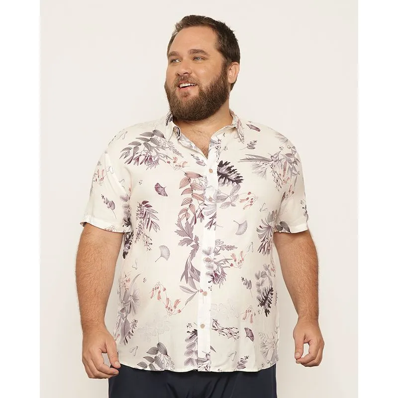 Camisa Plus Size Masculina Viscose Manga Curta Off White G3