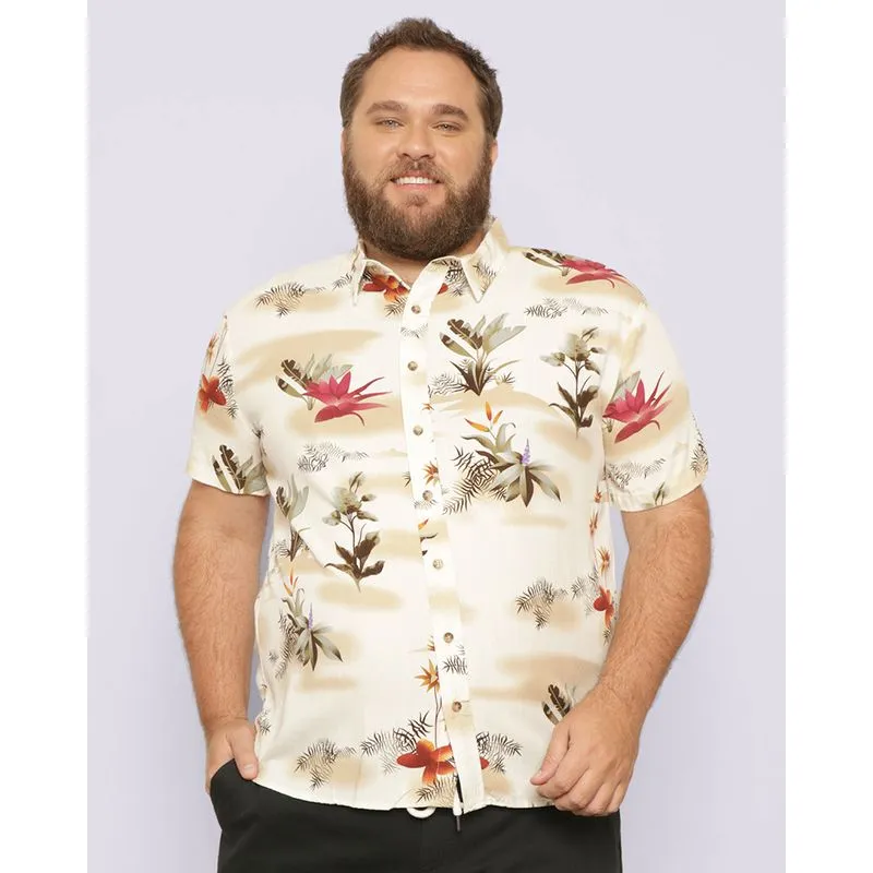 Camisa Plus Size Masculina Viscose Estampada Bege G3