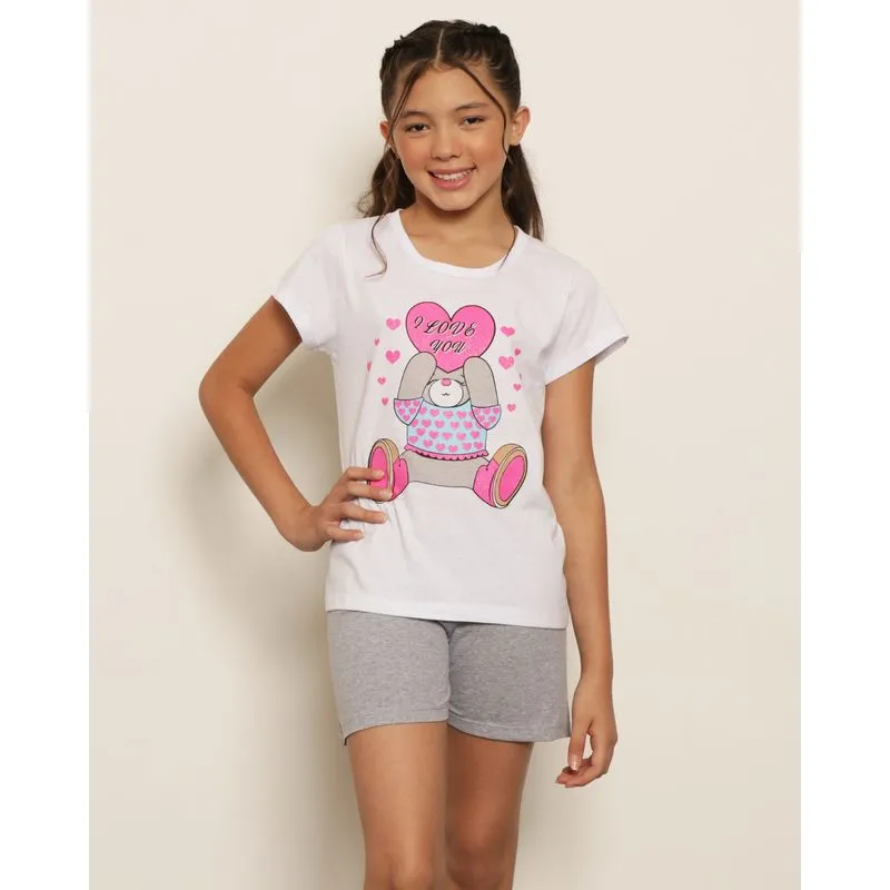 Pijama Juvenil Curto Estampa I Love You Branco 12